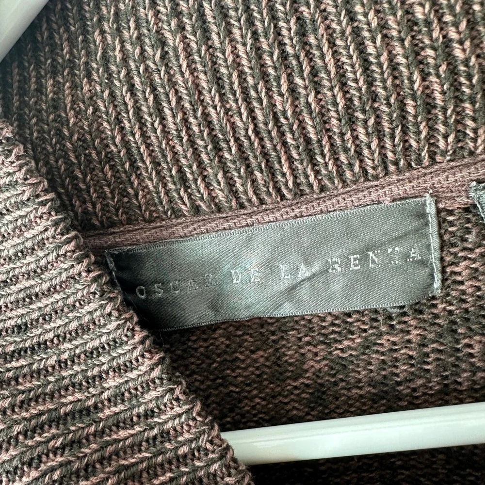 Oscar de la Renta Knit Button Sweater Pullover‎ Mock Neck Brown Pink Henley XXL